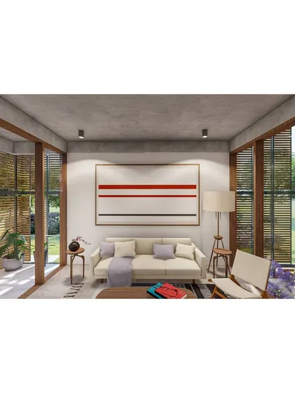 A design render for the 'Benchmark Aradhya' project, visualizing a lounge space that opens onto a central court on one side and a balcony on the other, embodying tropical modernism.