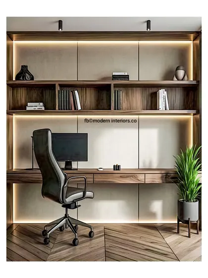 A beautiful and sleek home office design. The dark wood, clean lines, and integrated lighting create a sophisticated and focused environment for work.