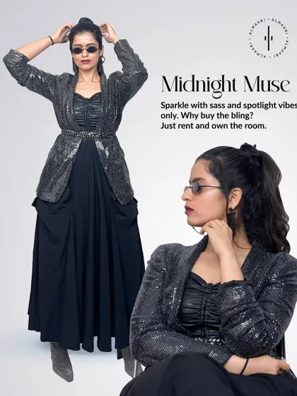 Midnight Muse. For a different vibe, I styled the gown with a sparkling sequin blazer. This look is about adding bling and owning the room.