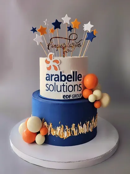 To new beginnings! A corporate cake for Arabelle Solutions, celebrating their launch with a design that incorporates their brand colors and logo.