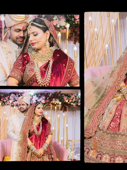 A collage focusing on the bride's magnificent red and gold lehenga and the couple's portraits, highlighting the beauty of the bridal attire.