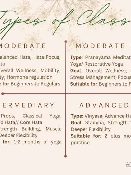 Here is another look at our class offerings, detailing the types, goals, and suitability for different levels. Whether you are a beginner or a regular practitioner, there is a class for you.