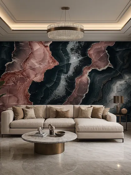 A unique marble-effect wallpaper with a mix of dark grey and rose-pink tones. The design is bold and modern, perfect for a statement wall.