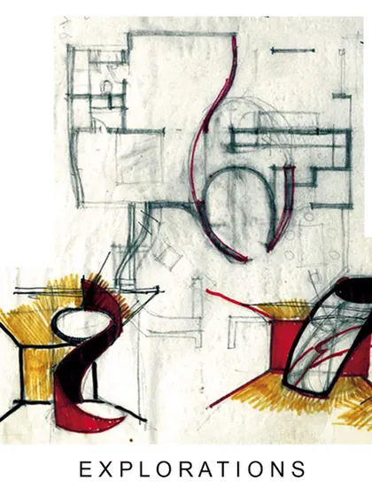 These "explorations" are abstract studies of form and connection that serve as the theoretical basis for furniture and architectural details.