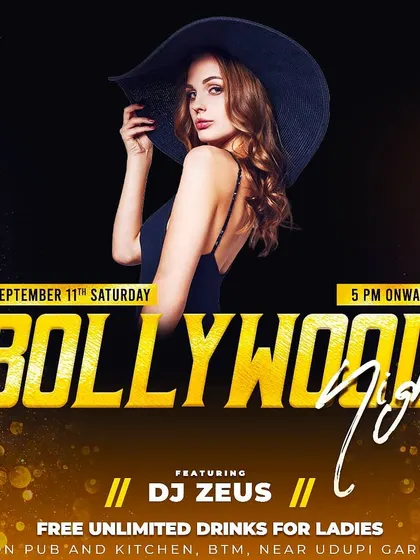 A classic Bollywood Night flyer for Avon Pub in BTM Layout. I play at venues all across the city, bringing the party wherever I go.