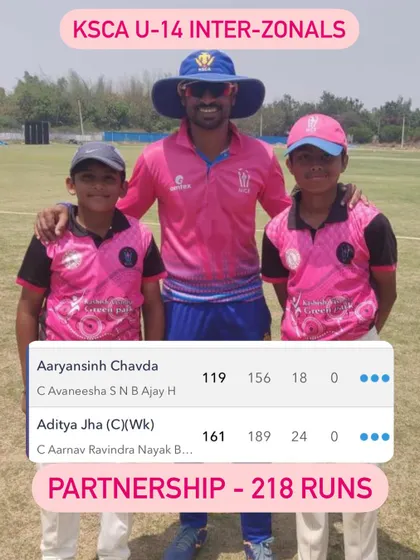 A massive 218-run partnership between our U-14 stars Aditya Jha (161) and Aaryansinh Chavda (119) in the KSCA Inter-Zonals. This shows the depth of talent in our junior ranks.