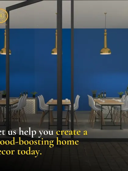 Let us help you create a mood-boosting home decor today. A modern restaurant interior with a bold blue wall, showing how color can define a commercial space.
