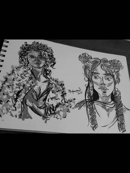 A quick and colorful sketchbook study using brush pens, exploring different characters and styles in a loose, expressive manner.
