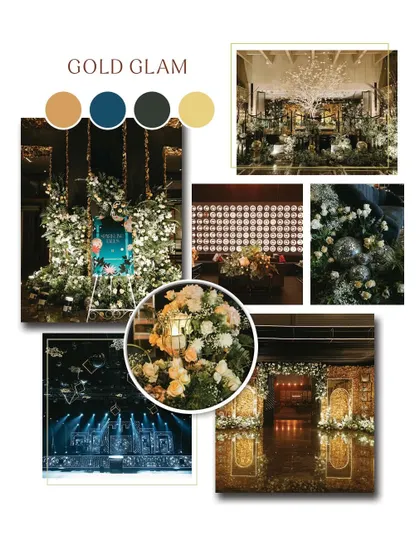 A mood board for a 'Gold & Glam' Sangeet night. This collage combines decor inspiration, lighting ideas, and floral arrangements to create a vision for a dramatic, Bollywood-style celebration.