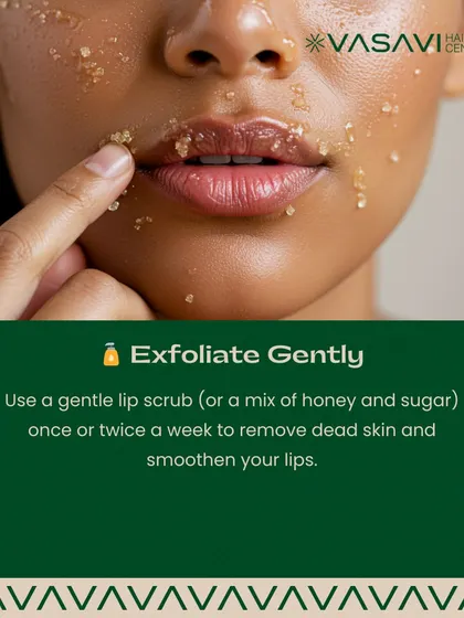 To manage chapped lips, gentle exfoliation can be helpful. Using a simple mix of honey and sugar or a soft lip scrub once or twice a week helps to remove dead skin and allows your lip balm to work more effectively.