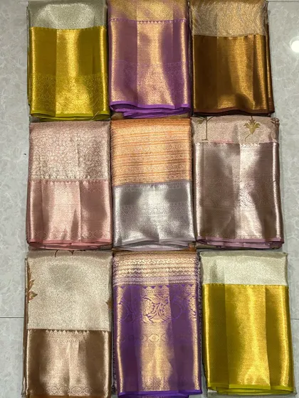 A collage of our pure Kanchi silk sarees, showing the variety of colors and weaves available.