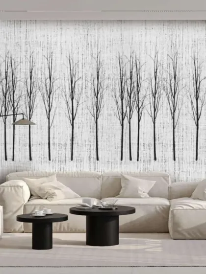 A minimalist black and white wallpaper featuring a line of bare trees. This simple yet elegant design is perfect for creating a calm and modern atmosphere.