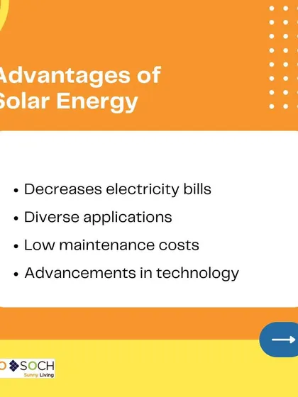 This graphic lists some of the key advantages of solar energy, including decreased electricity bills, diverse applications, low maintenance costs, and continuous advancements in technology.