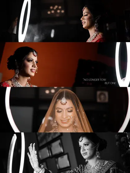 A cinematic, widescreen album layout featuring a series of bridal portraits. Using a ring light for effect, this design combines color and black and white images to create a modern and stylish spread.