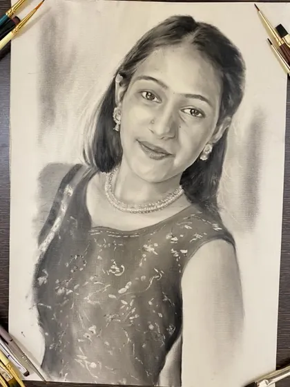 A beautiful dry brush portrait of a woman adorned with traditional jewelry.