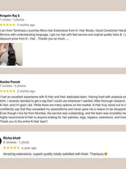 Your stories are our success. This image showcases heartfelt reviews from clients from Tamil Nadu to Mumbai, sharing their positive experiences with our extensions, wigs, and customer service.
