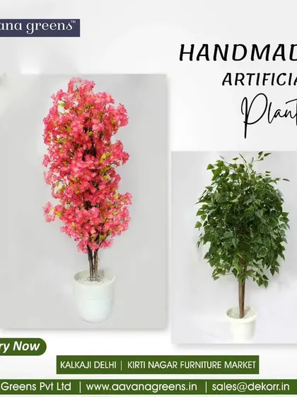 If you're too busy to maintain real plants, my artificial handmade plants are the perfect solution. This image shows two options, a flowering pink tree and a lush green ficus, both of which look appealing and lively.