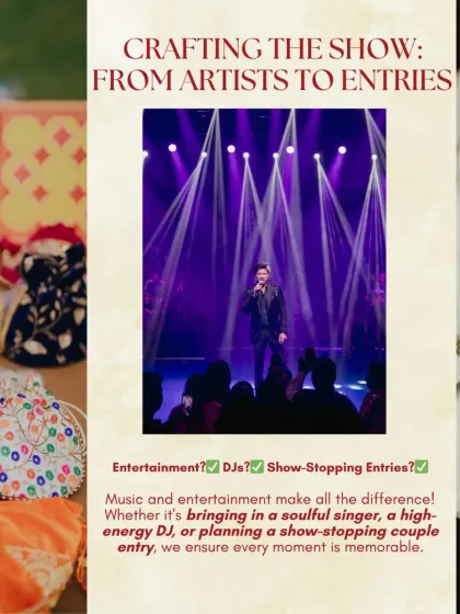 A collage showcasing our entertainment curation, from booking celebrity singers like Shaan to planning high-energy DJ nights and show-stopping couple entries.