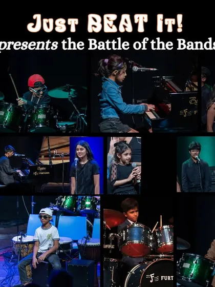 The Battle of the Bands from our 'Just BEAT It!' musical. This poster showcases the different student bands that competed, each with their own unique style and energy.