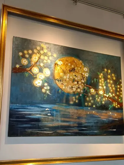"Midnight Whispers" by artist Suma, beautifully displayed with a floating frame. We offer expert framing solutions to perfectly complement and enhance your chosen artwork.