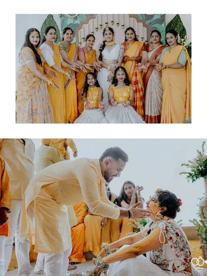 A duplicate of the diptych showing the bride with her friends and the ongoing Haldi rituals.