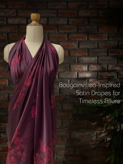 Unveiling nature's artistry. My satin fabric, draped on a mannequin, channels the allure of bougainvillea blooms in a deep wine color.
