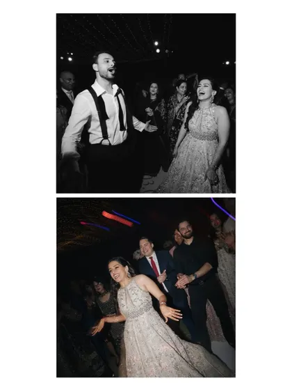 A diptych of black and white photos capturing the energy of the dance floor at Roha and Moin's reception.