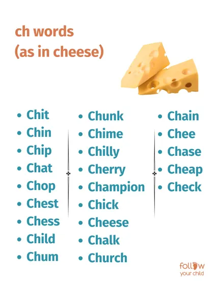 A list of 'ch' words (as in cheese) for beginner reading practice.