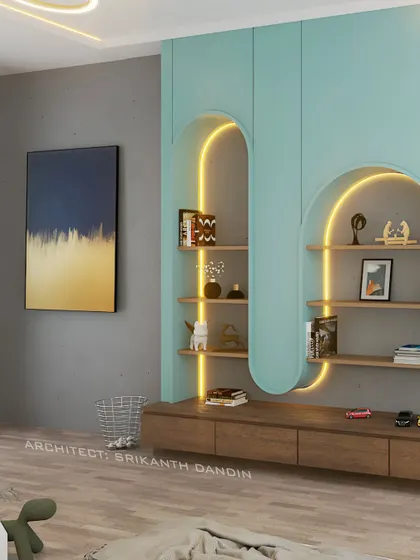 A view of the TV and storage unit in the kids' room, with playful arched shelves illuminated by warm LED lighting.