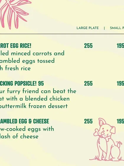 More from our pet menu, featuring 'Carrot Egg Rice' and a 'Clucking Popsicle' frozen dessert.