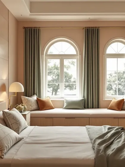 Here, Peach Fuzz is paired with sage green in a Japandi-inspired bedroom. The arched windows and natural light create a tranquil and serene atmosphere.