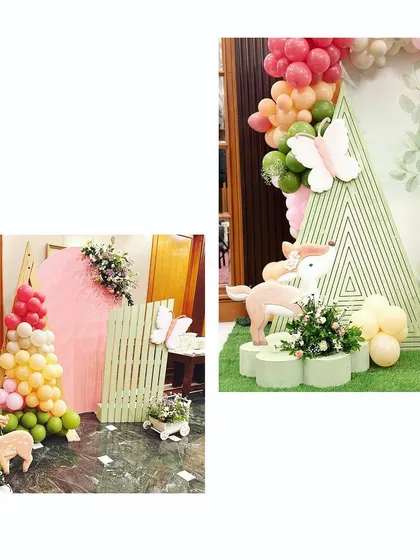 Close-ups of the woodland party decor, featuring a cute deer prop and a modern, geometric-patterned backdrop, blending rustic charm with contemporary design.