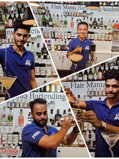 A collage showing our students in action, learning to pour, shake, and present various cocktails.