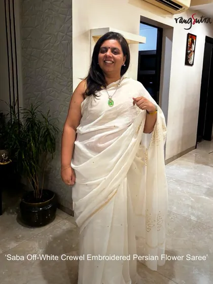 We love seeing our creations become part of your stories. Here, a customer shines in our Saba Off-White Saree, featuring delicate crewel embroidery on soft Chanderi silk. It’s a beautiful example of how our handcrafted pieces offer timeless elegance.