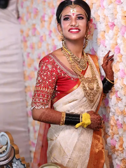 The joy of a bride on her wedding day is everything. Here is my bride Varsha, looking radiant and happy, ready for her muhurtham ceremony.