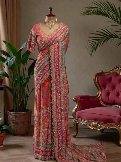 This stunning red and multi-color saree features intricate embroidery along its entire length. It's a statement piece that exudes elegance and is perfect for making an impression at any grand event.
