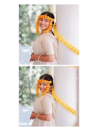 A collage of the bride smiling by a pillar decorated with marigolds, capturing a quiet and happy moment.