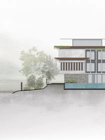 A sectional elevation of the Alibaug estate, showing how the new structure is designed to sit on the land. The design retains the character of existing structures while introducing a modern, fluid language that respects the natural contours and trees.