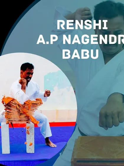 As the Renshi, I believe in leading by example. Here, I demonstrate a powerful punch breaking a stack of tiles, showing that age is no barrier to strength and discipline.