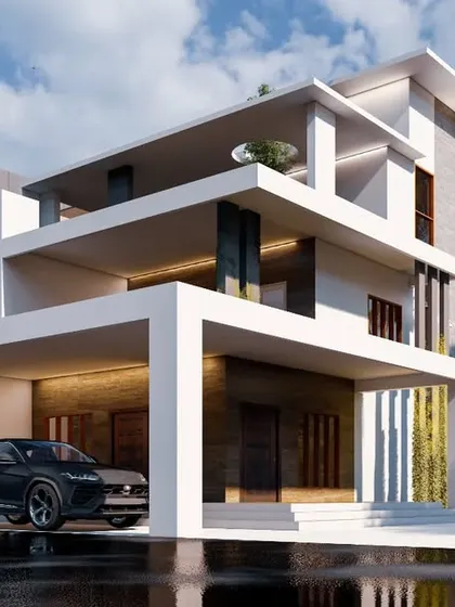 An identical angled view of the North Karnataka project, emphasizing its strong geometric forms and luxurious feel.