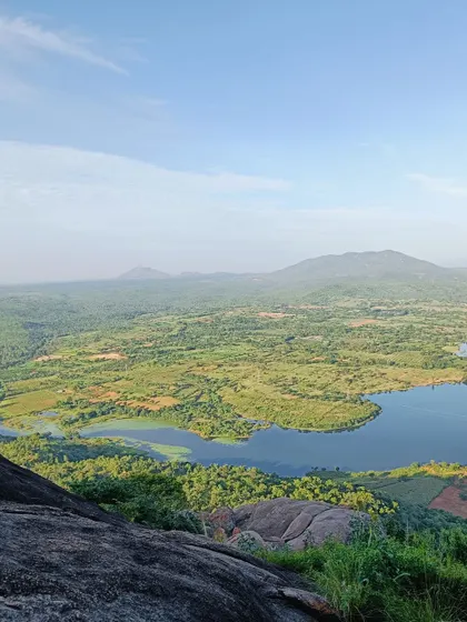 A stunning landscape view of a lake surrounded by lush green fields and hills, seen from a high vantage point.
