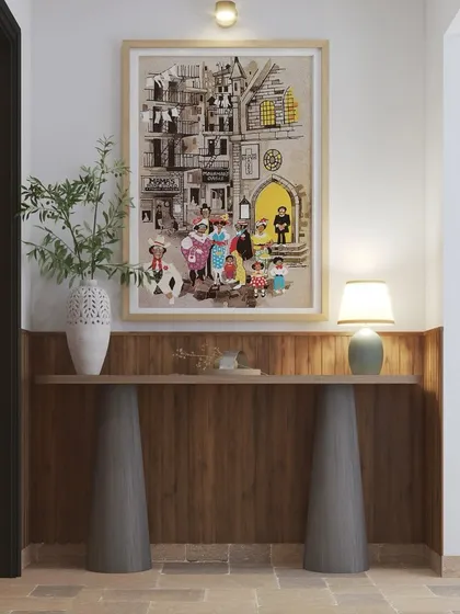 Our 3D visualization of the Villa Shai entrance. This concept shows our initial plan to create a lasting first impression with a bespoke console, curated artifacts, and a fluted wood panel to frame a unique painting.