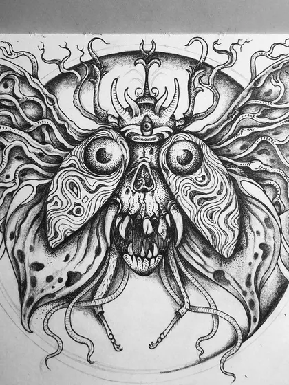 A surreal moth with a skull for a body and intricate patterns on its wings. This piece is a good example of how I blend insect forms with symbols of death.