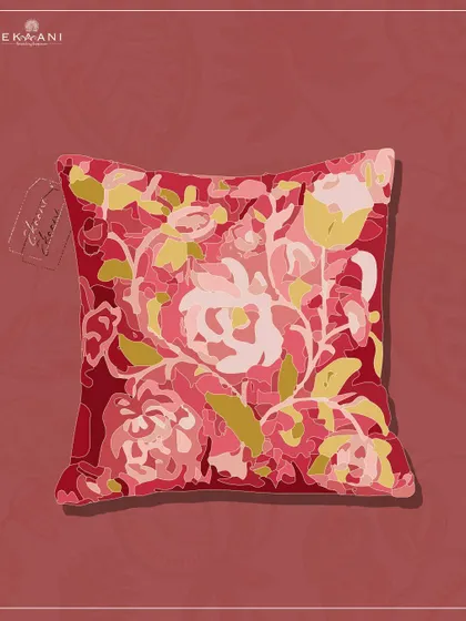 An artistic rendering of a cushion from my Anardana Collection. The vibrant, abstract floral pattern in rich reds and pinks celebrates India's timeless bond with nature and artistry.