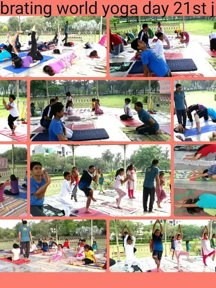 A collage celebrating World Yoga Day, filled with moments of practice, joy, and community connection from our event in the park. Hamesha muskurate rahe (always keep smiling).