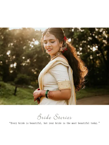 A beautiful portrait of the bride, captioned "Bride Stories."