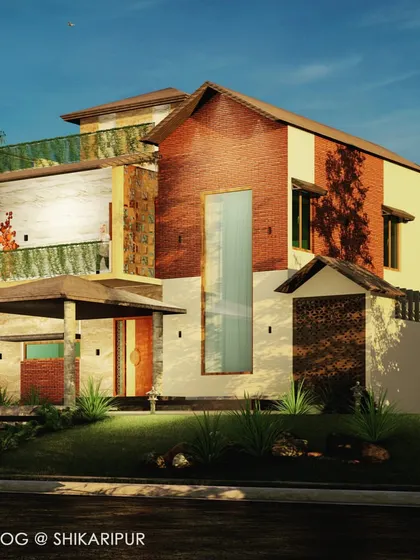 A daytime render of the Shikaripura residence, highlighting the material palette of brick, wood, and plaster under natural light.