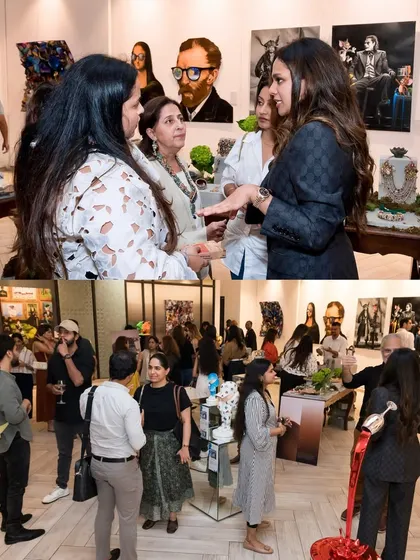 The essence of our events is the connection between people and art. This collage shows guests engaged in conversation, enjoying the vibrant atmosphere created by our curated artworks and the sparkle of a partner brand's collection.