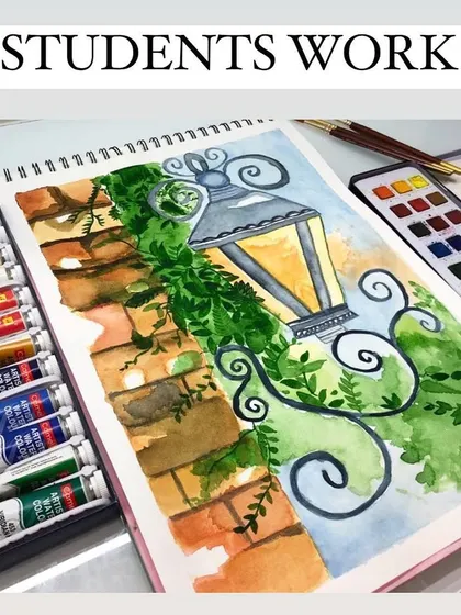 This is a student's version of the lamp post painting. It's amazing to see how each artist brings their own unique touch to the same subject after learning the core techniques.