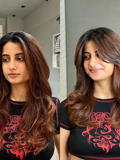 A before and after of this soft, dimensional haircut and color. The client's smile in the "after" shot says it all.